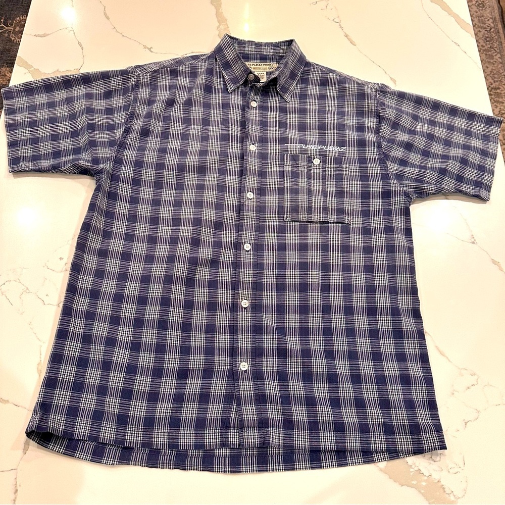 Pure Playaz Mens Short Sleeve Plaid Button Down Shirt Size Large Blue Logo